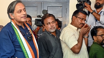 Thiruvananthapuram: Congress candidate Shashi Tharoor standing in a queue waits to cast his vote for the second phase of Lok Sabha elections, in Thiruvananthapuram, Friday, April 26, 2024. (PTI Photo) Thiruvananthapuram: Congress candidate Shashi Tharoor standing in a queue waits to cast his vote for the second phase of Lok Sabha elections, in Thiruvananthapuram, Friday, April 26, 2024. (PTI Photo)