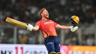 Jonny Bairstow celebrates after guiding Punjab Kings home against KKR (PTI)