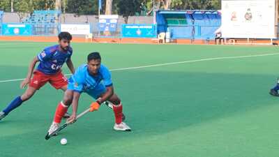 Players in action during the Marshal of the Air Force Arjan Singh Memorial Hockey Tournament-2024 being held in Chandigarh. (HT Photo) Players in action during the Marshal of the Air Force Arjan Singh Memorial Hockey Tournament-2024 being held in Chandigarh. (HT Photo)