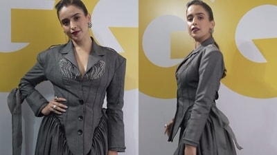 Sanya Malhotra looked like a rockstar and a warrior both in her vintage-inspired corset and skirt suit with sequin detailing. Sanya Malhotra looked like a rockstar and a warrior both in her vintage-inspired corset and skirt suit with sequin detailing. 