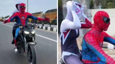 Delhi's 'Spiderman' couple faces charges including driving without a helmet, license, and displaying a number plate. (Instagram/indianspidey_official) Delhi's 'Spiderman' couple faces charges including driving without a helmet, license, and displaying a number plate. (Instagram/indianspidey_official)