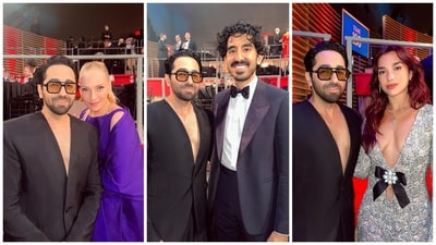 Ayushmann Khurrana poses for pictures with Uma Thurman, Dev Patel and Dua Lipa. Ayushmann Khurrana poses for pictures with Uma Thurman, Dev Patel and Dua Lipa.