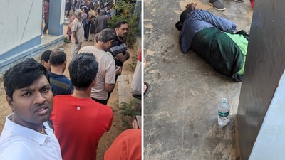 Bengaluru: Dr Ganesh Srinivasa Prasad (L) was standing in the queue to vote when the woman in front of him became ill. (X/@thisis_drgsp) Bengaluru: Dr Ganesh Srinivasa Prasad (L) was standing in the queue to vote when the woman in front of him became ill. (X/@thisis_drgsp)