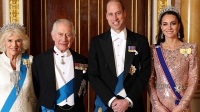 Britain's Queen Camilla, Britain's King Charles III, Britain's Prince William, Prince of Wales and Britain's Catherine, Princess of Wales pose for a picture during a reception for members of the Diplomatic Corps at Buckingham Palace, in London, on December 5, 2023. ( (Photo by Chris Jackson / POOL / AFP) Britain's Queen Camilla, Britain's King Charles III, Britain's Prince William, Prince of Wales and Britain's Catherine, Princess of Wales pose for a picture during a reception for members of the Diplomatic Corps at Buckingham Palace, in London, on December 5, 2023. ( (Photo by Chris Jackson / POOL / AFP)