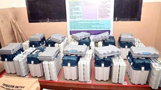 EVMs, VVPATs and other polling materials are kept to distribute for the polling booths. (ANI Photo)