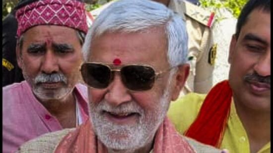 Union minister Ashwini Choubey after casting his vote in Bhagalpur on Friday. The sitting BJP MP from Buxar has been denied ticket this time. (PTI)