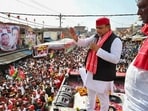 Samajwadi Party (SP) chief and party candidate from Kannauj constituency Akhilesh Yadav during an election roadshow for the Lok Sabha elections, on Saturday, April 27, 2024. (PTI)