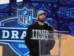 Apr 25, 2024; Detroit, MI, USA; Eminem addresses the crowd during the 2024 NFL Draft at Campus Martius Park and Hart Plaza. Mandatory Credit: Kirby Lee-USA TODAY Sports