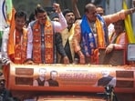Mumbai, India - April 26, 2024: "Maharashtra Deputy Chief Minister Devendra Fadnavis at a rally while filing the candidature of BJP candidate Mihir Kote for the Mumbai North East seat" at Vikroli in Mumbai, India, on Friday, April 26, 2024. (Photo by Satish Bate/ Hindustan Times) (Hindustan Times)
