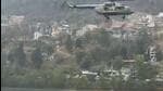 An MI-17 helicopter of the Army collecting water from Bhimtal lake to douse forest fire in Nainital.