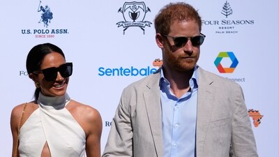 FILE - Britain's Prince Harry, right, and wife Meghan Markle, Duchess of Sussex, arrive for the 2024 Royal Salute Polo Challenge to Benefit Sentebale, on April 12, 2024, in Wellington, Fla. Prince Harry’s fight for police protection in the U.K. has received another setback. A judge on Monday, April 15, 2024 rejected his request to appeal an earlier ruling upholding a government panel’s decision to limit his access to publicly funded security after he quit as a working member of the royal family. (AP Photo/Rebecca Blackwell, File) (AP)