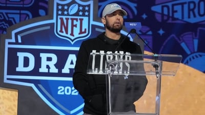 Apr 25, 2024; Detroit, MI, USA; Eminem addresses the crowd during the 2024 NFL Draft at Campus Martius Park and Hart Plaza. Mandatory Credit: Kirby Lee-USA TODAY Sports (USA TODAY Sports via Reuters Con)