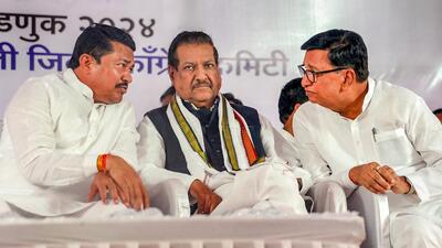 Maharashtra Congress President Nana Patole with party leaders Balasaheb Thorat and Prithviraj Chavan during a public meeting for Lok Sabha elections, in Sangli, on April 25. Amidst murmurs of dissatisfaction, speculation is rife of ‘Kolhapur pattern’ being followed in Sangli constituency considered a bastion of Congress. (PTI)
