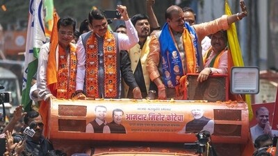 Mumbai, India - April 26, 2024: "Maharashtra Deputy Chief Minister Devendra Fadnavis at a rally while filing the candidature of BJP candidate Mihir Kote for the Mumbai North East seat" at Vikroli in Mumbai, India, on Friday, April 26, 2024. (Photo by Satish Bate/ Hindustan Times) (Hindustan Times) Mumbai, India - April 26, 2024: "Maharashtra Deputy Chief Minister Devendra Fadnavis at a rally while filing the candidature of BJP candidate Mihir Kote for the Mumbai North East seat" at Vikroli in Mumbai, India, on Friday, April 26, 2024. (Photo by Satish Bate/ Hindustan Times) (Hindustan Times)