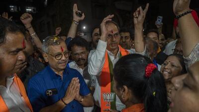 Mumbai, India - April 27, 2024: Former special public prosecutor Ujjwal Nikam contesting the Lok Sabha election from the Mumbai North Central constituency against Congress's Varsha Gaikwad, he greeting party workers at Vile parle in Mumbai, India, on Saturday, April 27, 2024. (Photo by Satish Bate/ Hindustan Times) (Hindustan Times) Mumbai, India - April 27, 2024: Former special public prosecutor Ujjwal Nikam contesting the Lok Sabha election from the Mumbai North Central constituency against Congress's Varsha Gaikwad, he greeting party workers at Vile parle in Mumbai, India, on Saturday, April 27, 2024. (Photo by Satish Bate/ Hindustan Times) (Hindustan Times)