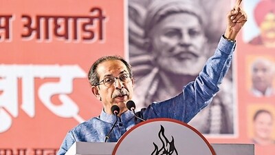 Mumbai: Shiv Sena (UBT) chief Uddhav Thackeray addresses a public meeting for Lok Sabha elections, in Mumbai, Saturday, April 20, 2024. (PTI Photo)(PTI04_20_2024_000353A) (PTI) Mumbai: Shiv Sena (UBT) chief Uddhav Thackeray addresses a public meeting for Lok Sabha elections, in Mumbai, Saturday, April 20, 2024. (PTI Photo)(PTI04_20_2024_000353A) (PTI)