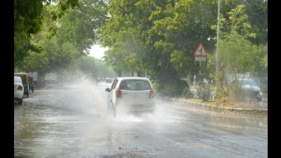 Residents experienced relief from the hot weather as the city received 9.3 mm of rainfall along with hailstorms in some areas on Saturday. The city had been under cloudy skies, and there were light showers on Friday night too. Rainfall is likely on Sunday as well, according to the India meteorological department (IMD). (Sant Arora /HT)