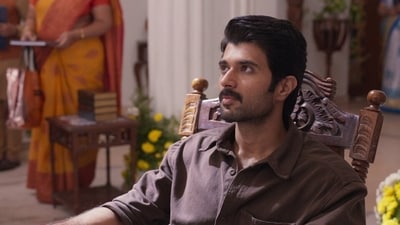 Vijay Deverakonda in a still from The Family Star. Vijay Deverakonda in a still from The Family Star.