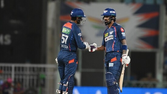 KL Rahul and Deepak Hooda shared a crucial 115-run stand for the third wicket to set up the foundation of a challenging 196/5 in 20 overs.(Hindustan Times)