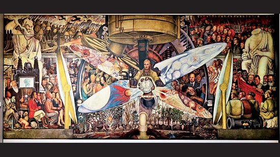 Man, Controller of the Universe (1934) by Diego Rivera; a depiction of a turbulent world in which one must constantly steer between right and wrong. (Google Arts & Culture)