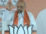 Union home minister Amit Shah addresses a rally in Mainpuri.