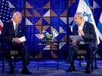 U.S. President Joe Biden, left, meets with Israeli Prime Minister Benjamin Netanyahu, right, to discuss the ongoing conflict between Israel and Hamas, (Reuters)