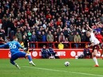 Manchester City vs Nottingham Forest: City's Erling Braut Haaland scores their second goal.