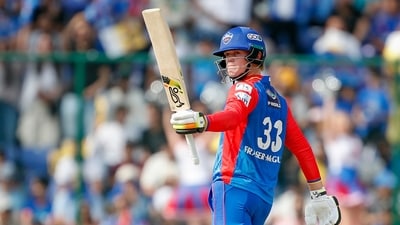 Jake Fraser-McGurk celebrates his half-century during the match against Mumbai Indians (DC-X)