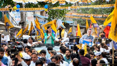 As Sunita Kejriwal's carcade navigated through narrow lanes, a large number of AAP supporters, carrying cut-outs of Delhi CM Arvind Kejriwal, waved the party's blue and yellow flags and chanted slogans like "Jail ke tale tutengey, Kejriwal chhutengey." (ANI) As Sunita Kejriwal's carcade navigated through narrow lanes, a large number of AAP supporters, carrying cut-outs of Delhi CM Arvind Kejriwal, waved the party's blue and yellow flags and chanted slogans like "Jail ke tale tutengey, Kejriwal chhutengey." (ANI)