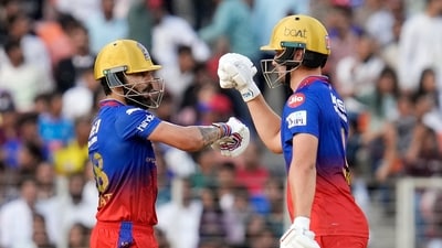 Royal Challengers Bengaluru's Will Jacks and Virat Kohli celebrate their partnership during the match against Gujarat Titans in the Indian Premier League 2024. (RCB-X) Royal Challengers Bengaluru's Will Jacks and Virat Kohli celebrate their partnership during the match against Gujarat Titans in the Indian Premier League 2024. (RCB-X)