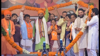 Chief minister Nayab Singh Saini during Vijay Sankalp rally in Panchkula on Sunday. (Sant Arora/HT) Chief minister Nayab Singh Saini during Vijay Sankalp rally in Panchkula on Sunday. (Sant Arora/HT)