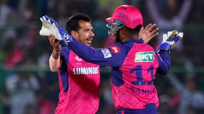 Rajasthan Royals' captain Sanju Samson, right, congratulates teammate Yuzvendra Chahal during IPL 2024 (AP) Rajasthan Royals' captain Sanju Samson, right, congratulates teammate Yuzvendra Chahal during IPL 2024 (AP)