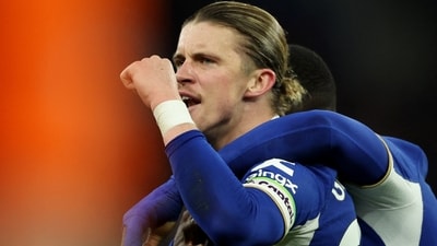 Chelsea's Conor Gallagher scores their second goal against Aston Villa. (Action Images via Reuters)