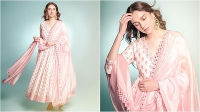 Aditi Rao Hydari is the epitome of class and elegance as she dons an ethereal baby pink anakali ensemble. The diva is a total stunner who never fails to hit fashion targets like a pro. Whether it's a chic jumpsuit or a traditional suit, the actress can pull off any look to perfection. Just a day ago, she served ethnic fashion goals in a green traditional suit and this time she turned heads in a mesmerising anarkali ensemble. With the wedding season in full swing, Aditi's look serves as a perfect style inspiration. Let's decode her stylish look and take some fashion notes. (Instagram/@aditiraohydari) Aditi Rao Hydari is the epitome of class and elegance as she dons an ethereal baby pink anakali ensemble. The diva is a total stunner who never fails to hit fashion targets like a pro. Whether it's a chic jumpsuit or a traditional suit, the actress can pull off any look to perfection. Just a day ago, she served ethnic fashion goals in a green traditional suit and this time she turned heads in a mesmerising anarkali ensemble. With the wedding season in full swing, Aditi's look serves as a perfect style inspiration. Let's decode her stylish look and take some fashion notes. (Instagram/@aditiraohydari)