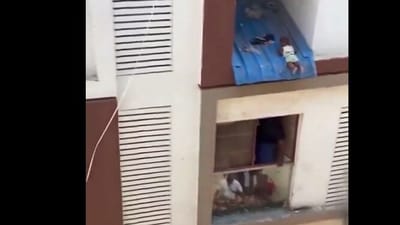 Toodler hangs from an apartment roof in Chennai (X/Dilip Kumar) Toodler hangs from an apartment roof in Chennai (X/Dilip Kumar)