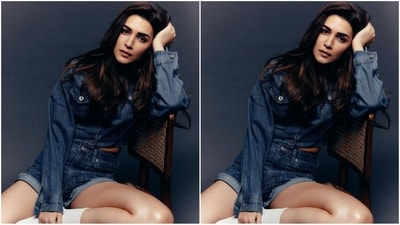 To add a pop of colour to her denim look, she accessorised with a pair of white socks. With winged eyeliner, mascara-covered lashes, contoured cheeks, nude lipstick and her locks styled in soft curls and left open at the sides, she looked stylish. (Instagram/@kritisanon) To add a pop of colour to her denim look, she accessorised with a pair of white socks. With winged eyeliner, mascara-covered lashes, contoured cheeks, nude lipstick and her locks styled in soft curls and left open at the sides, she looked stylish. (Instagram/@kritisanon)