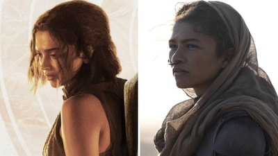 Deepika in the new poster of Kalki 2898 AD and Zendaya in a still from Dune 2. Deepika in the new poster of Kalki 2898 AD and Zendaya in a still from Dune 2.