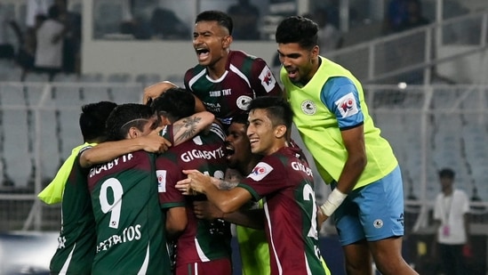 Kolkata: Mohun Bagan Super Giant players celebrate after winning an Indian Super League (ISL) season 2023-24 Semi Final-Leg 2 football match against Odisha FC. (PTI)