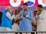 Prime Minister Narendra Modi with BJP Mysuru candidate Yaduveer and NDA candidate from Hassan Prajwal Revanna at an election campaign rally ahead of Lok Sabha election, in Mysuru, Sunday, April 14, 2024.