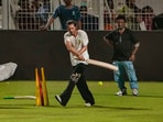 Actor and Kolkata Knight Riders' Co-owner Shah Rukh Khan plays cricket with a tennis ball ahead of an Indian Premier League (IPL) 2024 T20 cricket match between Kolkata Knight Riders and Delhi Capitals