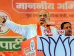 Union Home Minister and BJP leader Amit Shah addresses a public meeting for Lok Sabha elections 2024.(PTI / File)