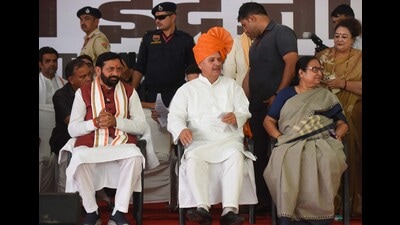 (From left) Haryana CM Nayab Singh Saini, Rao Inderjit Singh and former MP Sudha Yadav in Gurugram on Monday. (Parveen Kumar/HT)