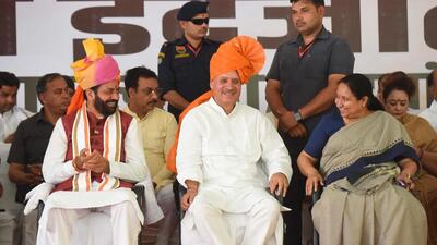 (From left) Haryana CM Nayab Singh Saini, Rao Inderjit Singh and former MP Sudha Yadav in Gurugram on Monday. (Parveen Kumar/HT Photo) (From left) Haryana CM Nayab Singh Saini, Rao Inderjit Singh and former MP Sudha Yadav in Gurugram on Monday. (Parveen Kumar/HT Photo)