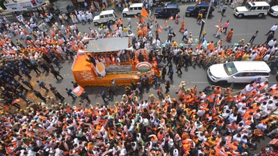 Defence Minister and senior BJP leader Rajnath Singh's roadshow in Lucknow, Uttar Pradesh. (PTI) Defence Minister and senior BJP leader Rajnath Singh's roadshow in Lucknow, Uttar Pradesh. (PTI)