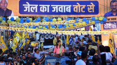 The AAP song, launched on April 25, raises allegations of dictatorial governance, unemployment, inflation, and conspiracy targeting opposition leaders. (HT Photo) The AAP song, launched on April 25, raises allegations of dictatorial governance, unemployment, inflation, and conspiracy targeting opposition leaders. (HT Photo)