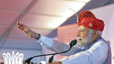 Prime Minister Narendra Modi addresses the crowd during a public meeting ahead of the Lok Sabha elections, in Pune, Maharashtra on Monday. (ANI Photo) (BJP media) Prime Minister Narendra Modi addresses the crowd during a public meeting ahead of the Lok Sabha elections, in Pune, Maharashtra on Monday. (ANI Photo) (BJP media)