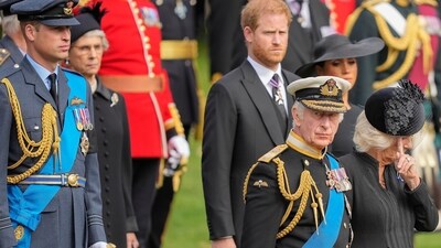 FILE - King Charles III, front right, Camilla, the Queen Consort, Prince Harry and Prince William watch as the coffin of Queen Elizabeth II is placed into the hearse following the state funeral service in Westminster Abbey in central London Monday Sept. 19, 2022. King Charles III has been diagnosed with a form of cancer and has begun treatment, Buckingham Palace says on Monday, Feb. 5, 2024. (AP Photo/Martin Meissner, Pool, File) (AP) FILE - King Charles III, front right, Camilla, the Queen Consort, Prince Harry and Prince William watch as the coffin of Queen Elizabeth II is placed into the hearse following the state funeral service in Westminster Abbey in central London Monday Sept. 19, 2022. King Charles III has been diagnosed with a form of cancer and has begun treatment, Buckingham Palace says on Monday, Feb. 5, 2024. (AP Photo/Martin Meissner, Pool, File) (AP)
