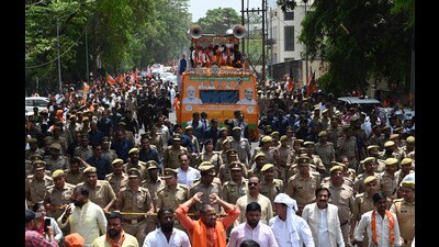 Defence minister and BJP candidate for Lucknow Rajnath Singh on his way to file his nomination papers in Lucknow on Monday. (Deepak Gupta/HT) Defence minister and BJP candidate for Lucknow Rajnath Singh on his way to file his nomination papers in Lucknow on Monday. (Deepak Gupta/HT)