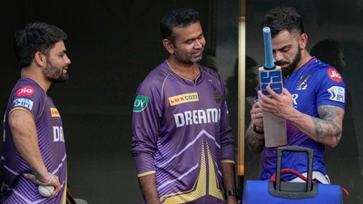 Royal Challengers Bengaluru player Virat Kohli signs an autograph on a bat as Kolkata Knight Riders player Rinku Singh looks on (PTI) Royal Challengers Bengaluru player Virat Kohli signs an autograph on a bat as Kolkata Knight Riders player Rinku Singh looks on (PTI)