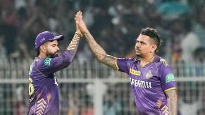 Kolkata Knight Riders captain Shreyas Iyer and Sunil Narine celebrate a wicket (PTI) Kolkata Knight Riders captain Shreyas Iyer and Sunil Narine celebrate a wicket (PTI)
